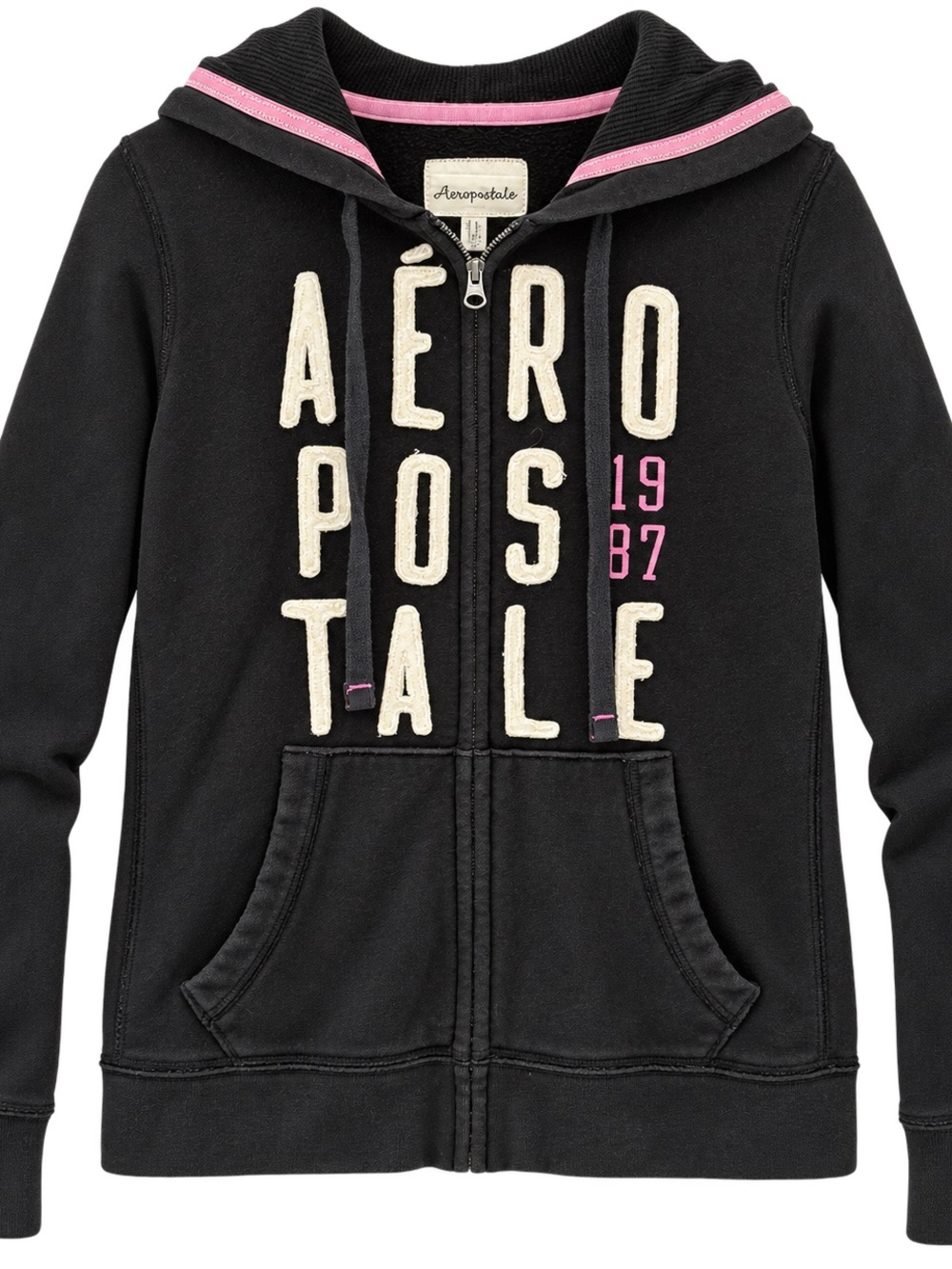 Aeropostale Kids Black Hoodie with Pink Trim and Cream Logo